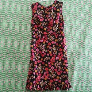 Vintage 60s Pink Floral Ruffle Shift Dress 1960s Flower Power Polyester Groovy